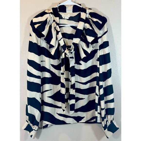 Kate Spade Catarina Zebra Print 100% Silk Ruffle Collar Tie Blouse Women's M - Picture 2 of 12